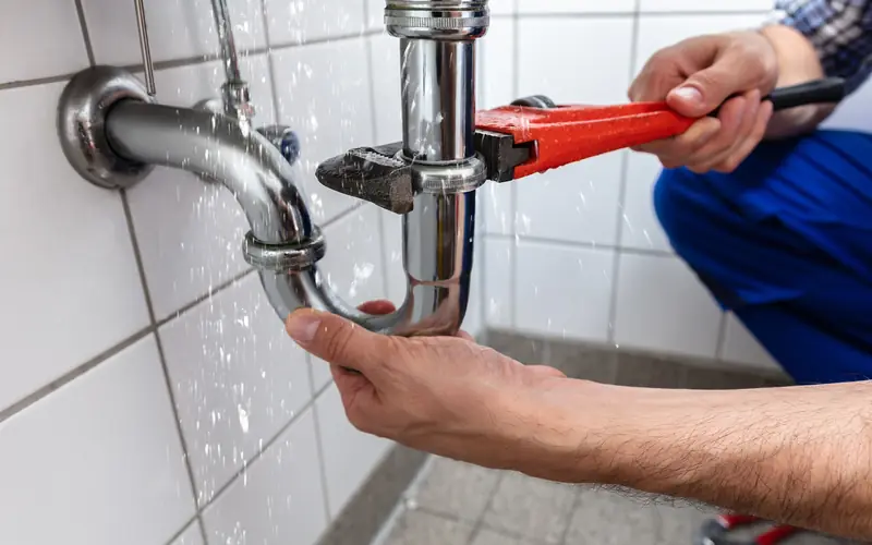 Plumber repairing a leaking pipe